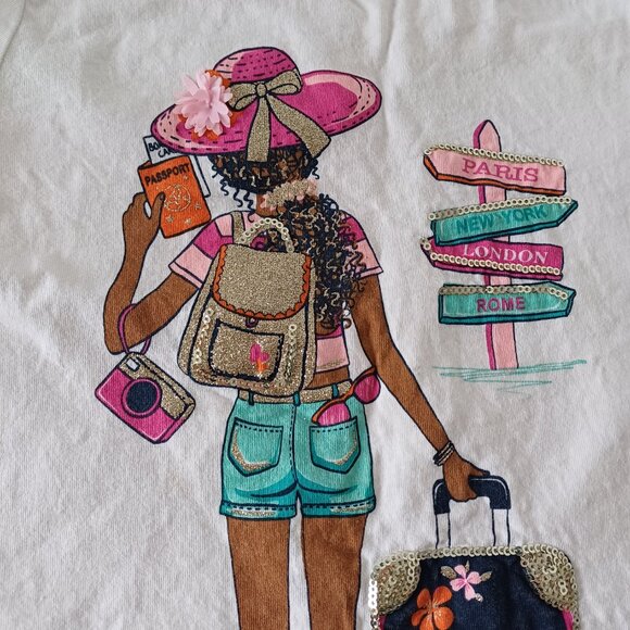 Isaac Mizrahi NY Sequin Travel Theme Strap Back Girl's T-Shirt Size M (7/8) - Picture 3 of 8